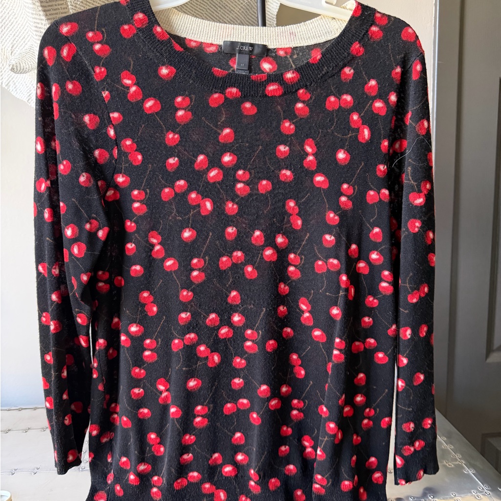 J. Crew Black And Red Cherry Print Long Sleeve Sweater Top